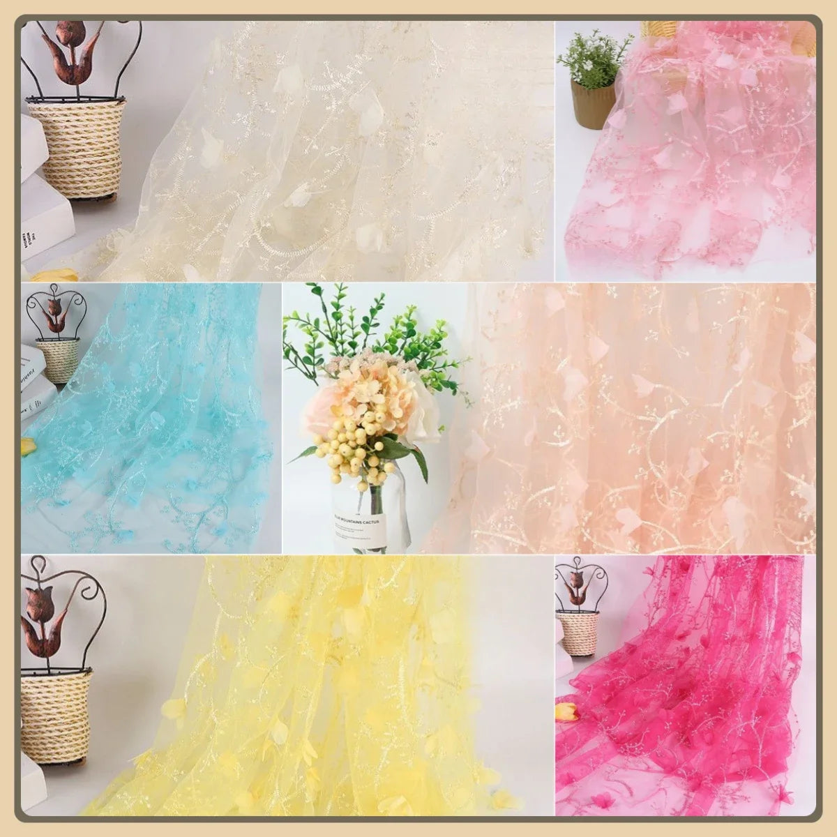 Tela de malla de encaje bordada en 3D multicolor para vestidos de novia, ropa infantil, ropa formal, material de moda artesanal DIY