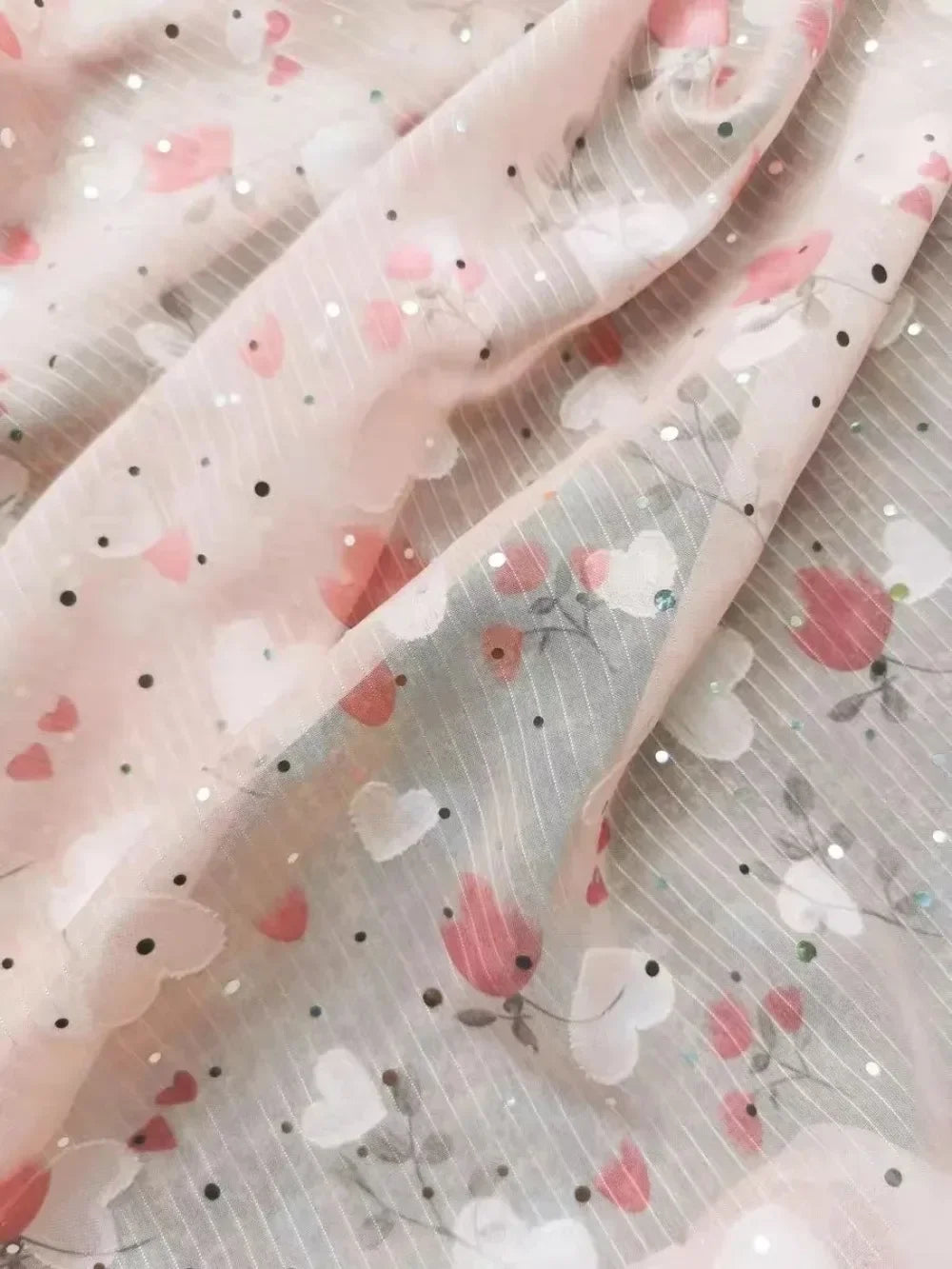 Pink Gold Embroidered Chiffon Fabric Small Floral Lace Hanfu Style Material for Half Length Dress Costume Blouse DIY Sewing