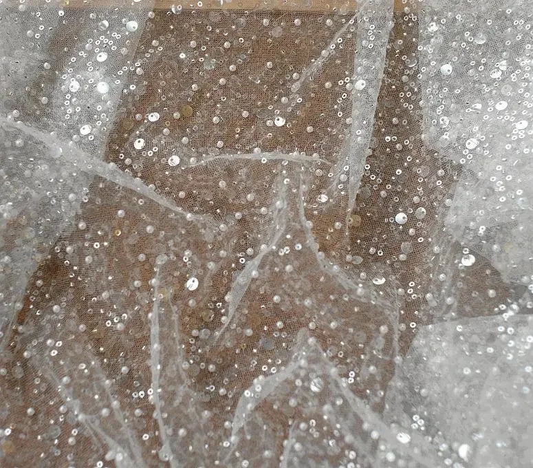 1.5m Wide Encryption Various colors Bead Embroidery Sequin Mesh Lace Fabric for Wedding Dresses Stage Clothing