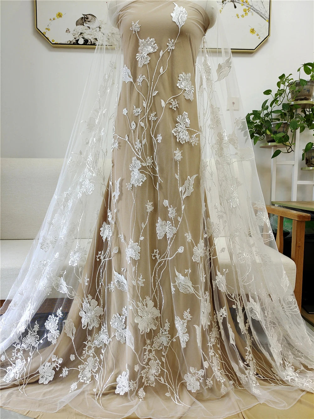 Flores de tela de encaje, vestidos de novia, vestidos de novia, tocados, cortinas de lentejuelas bordadas DIY, ramas de encaje cheongsam