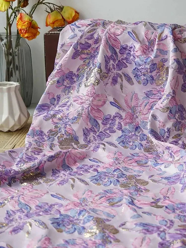 Pink Purple Floral 3D Relief Jacquard Brocade - Evening Gown Coat Dress Curtain Fabric
