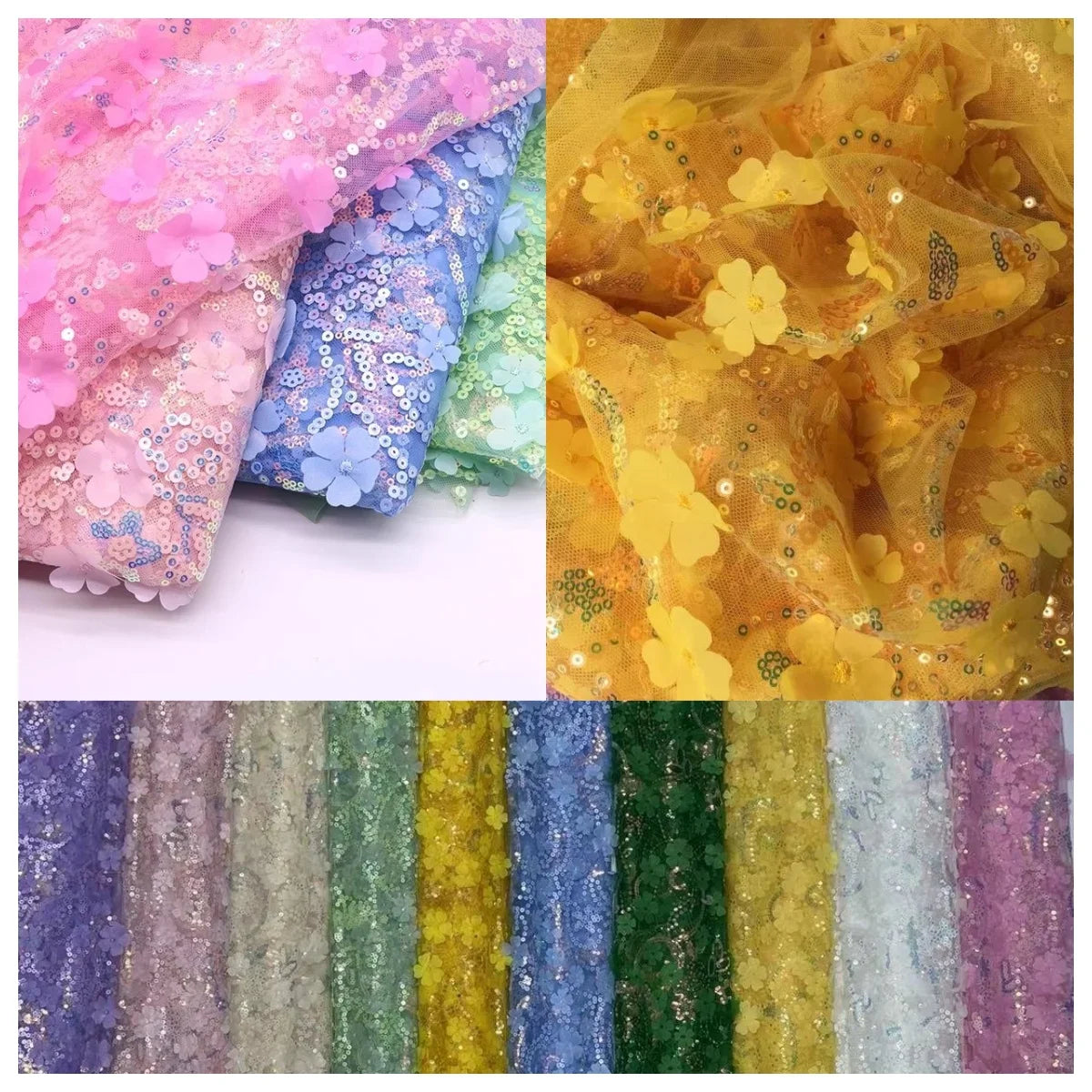 قماش تول فاخر مطرز بترتر ثلاثي الأبعاد مع تصميم زهور، مناسب لفساتين الزفاف والأزياء المسرحية