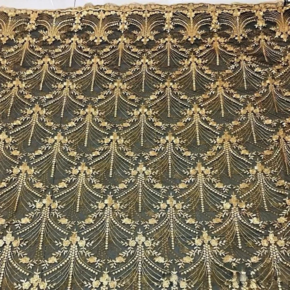 قماش تنورة جديد ثلاثي الأبعاد مطرز بخيوط ذهبية لامعة من الدانتيل الشبكي، قماش ملابس، تطريز فستان