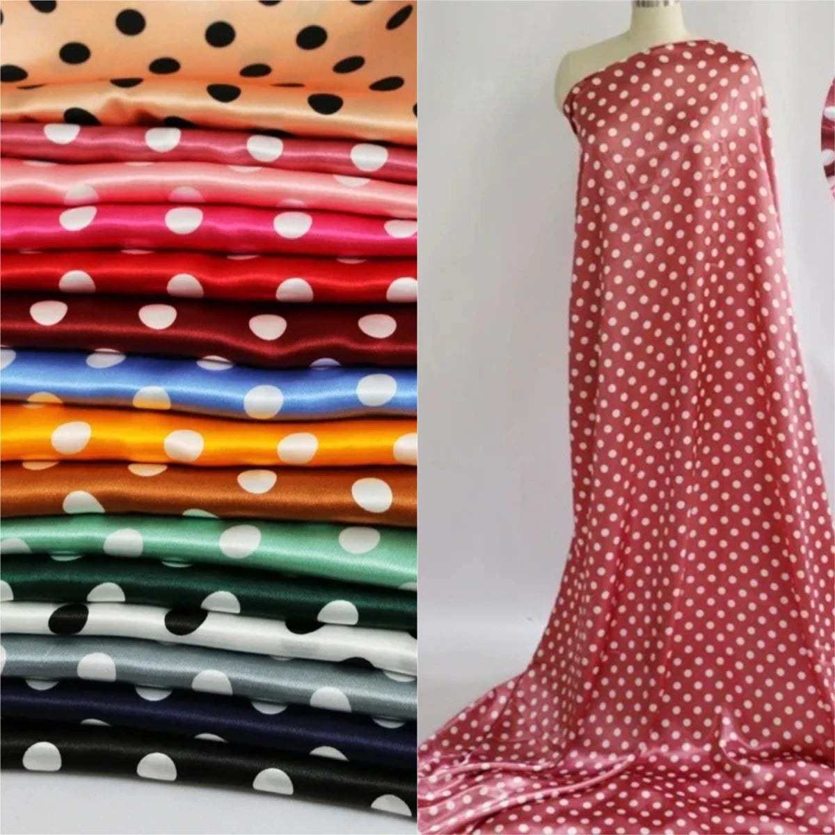 Polka-dot satin fabric colors and a sample red printed dress shown in a product collage