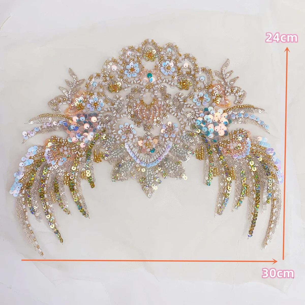 Champagne gold fish scale sequins bead embroidery lace wedding dress evening gown stage costume DIY sewing accessories