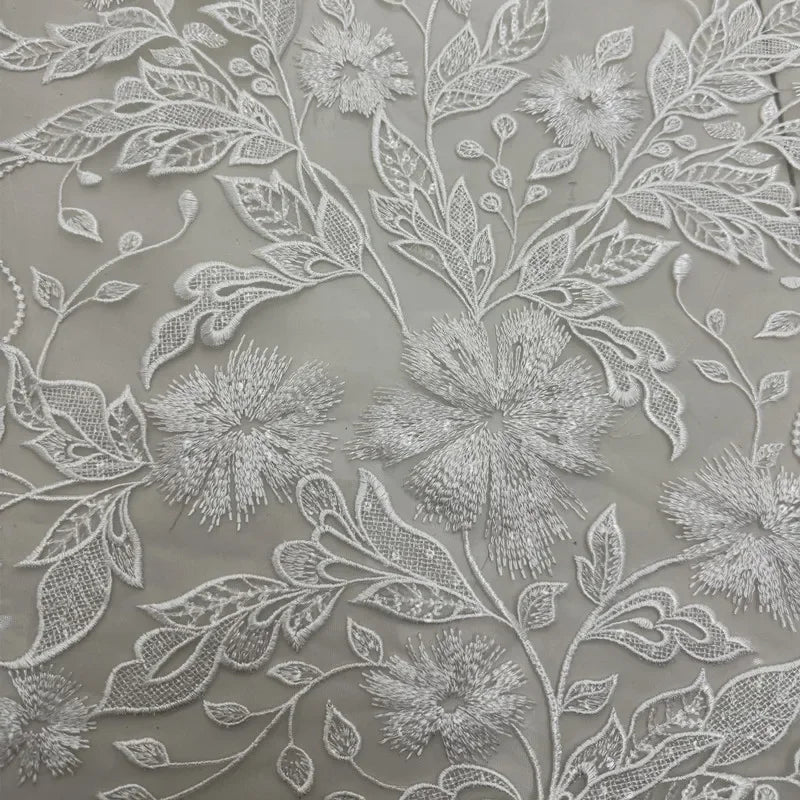 Elegant Petal Leaf Lace Embroidery Sheer Mesh Fabric Lightweight Transparent Textile Bridal Gown Party Dress Decorative DIY Sew
