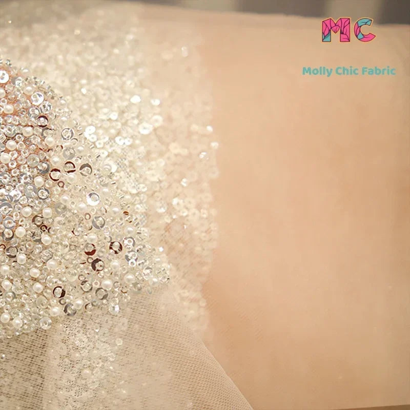High-End Bead Embroidery Sequins Crystal Mesh Fabric - Luxury Material 130cm