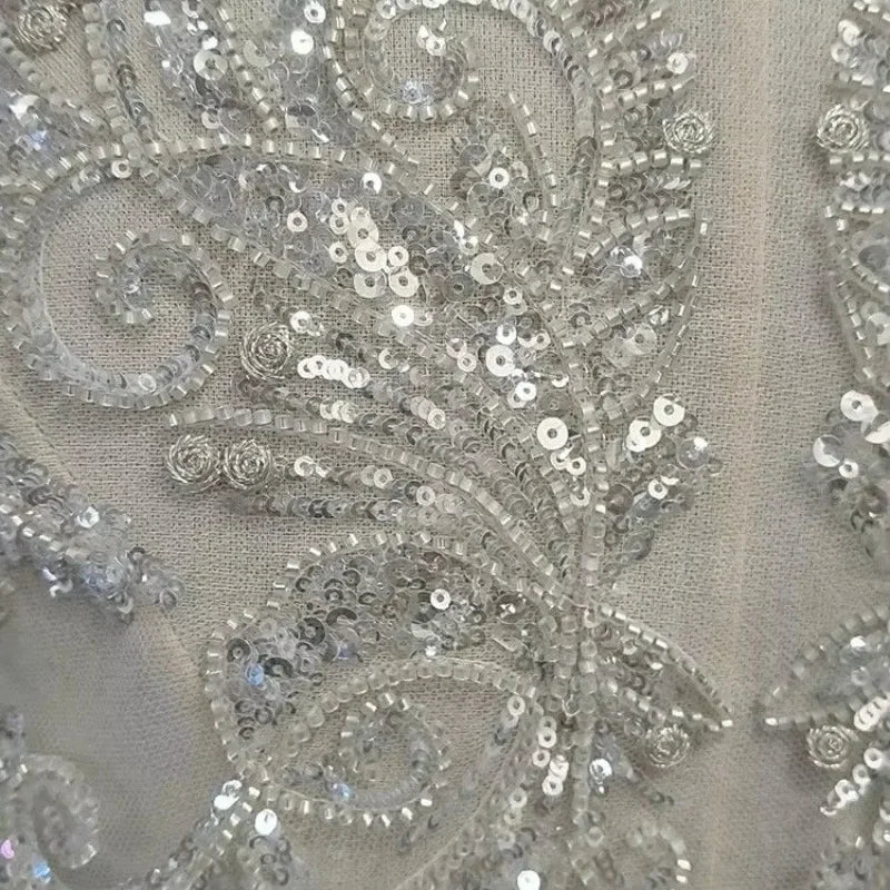 White Lace Applique Beaded Fabric - Wedding Dress Evening Gown Handcraft Accessories