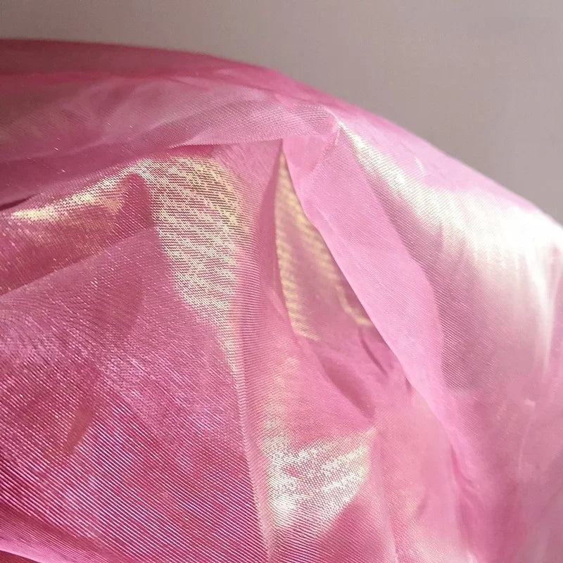 Mermaid Like Transparent Blue And Gold Full Plate Hot Stamping Fine Thread Organza Fabric Is Used For Handmade Of Party Costumes