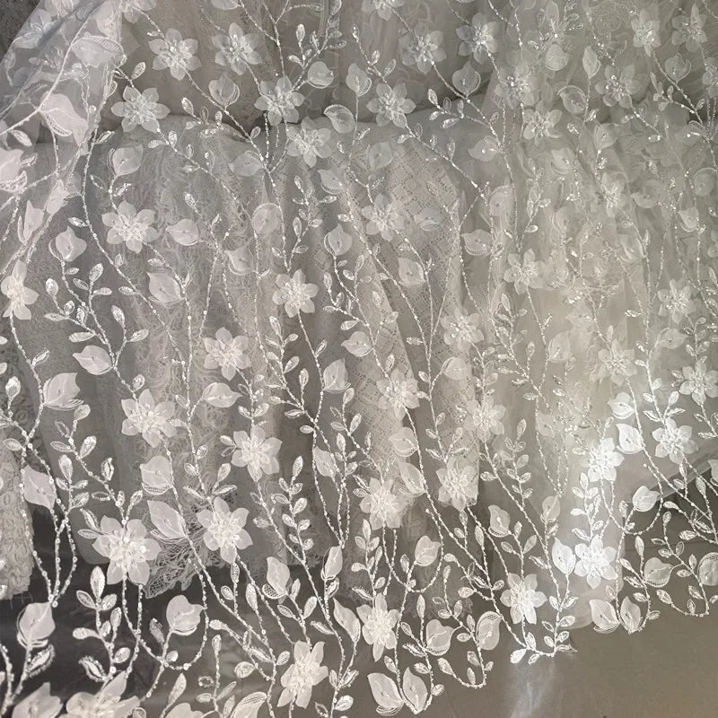 Deluxe Embroidered Lace Fabric - Sequins Beads Leaf Petal Wedding Material