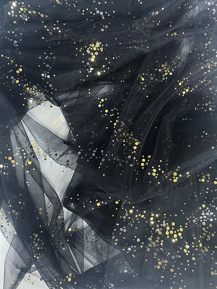 قماش شبكي أسود ذهبي بطول 5 ياردات مع خيوط ترتر لتصميم زي مسرحي وخلفية حفلات أعياد الميلاد بعرض 1.6 متر