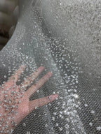 قاعدة فلاش، ترتر شبكي أبيض، ختم ساخن، رذاذ فضي، قماش فستان زفاف فلاش ناعم، قماش