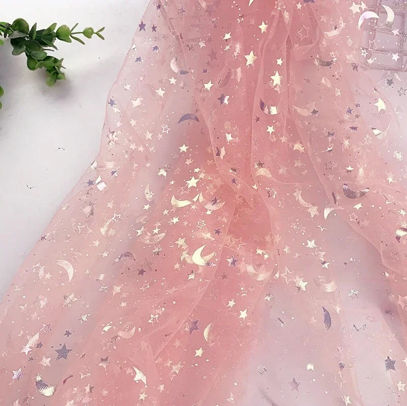 Dreamy Mesh Fabric For Children In Princess Style With Colored Star And Moon Printed Pattern Suitable For Wedding Dress Designer
