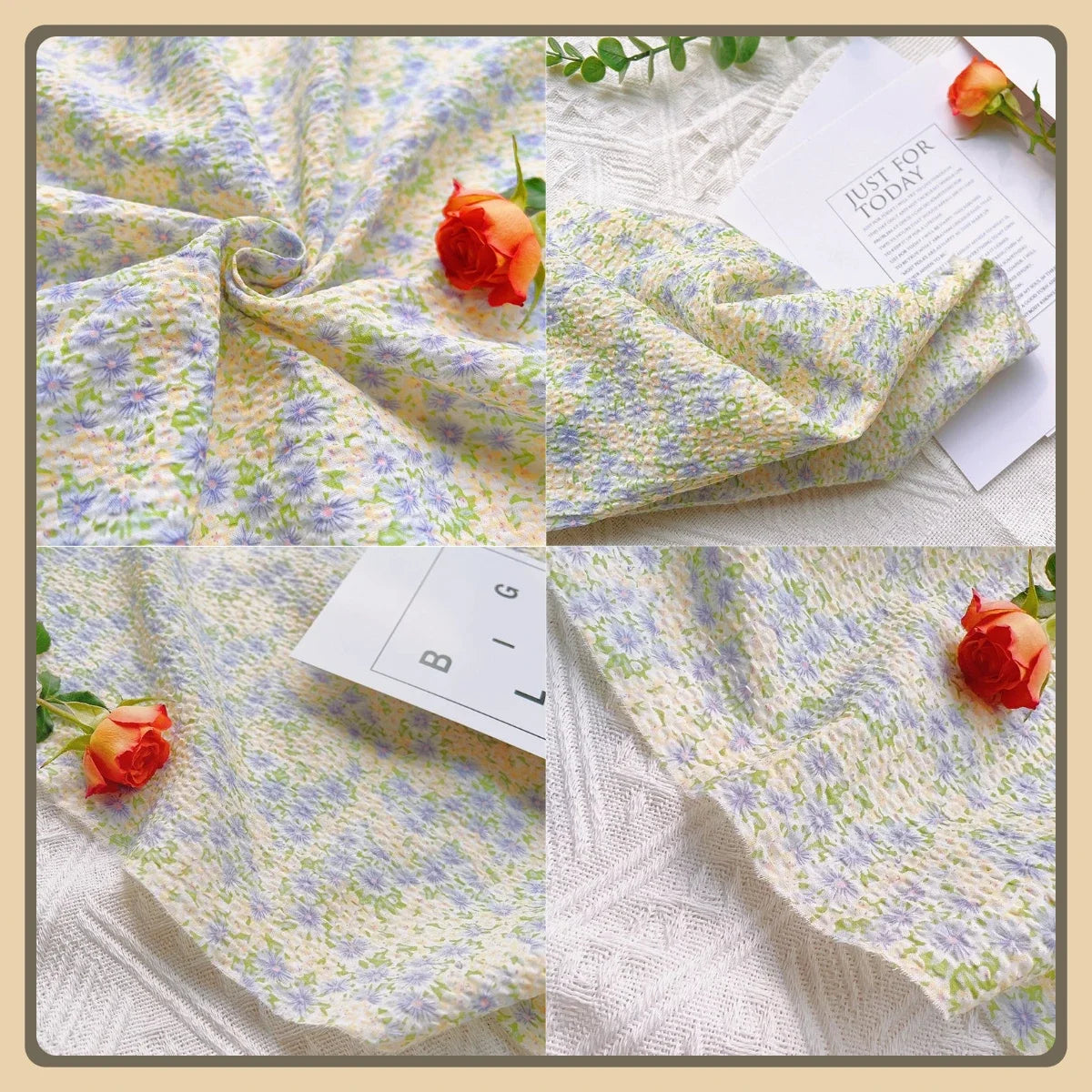 قماش قطني نقي بنقشة زهور منعشة - مادة مطبوعة ناعمة