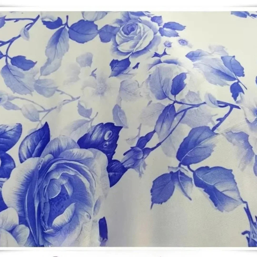 Blue Rose Embroidered Silk Fabric - Porcelain for Evening Gowns & Shawls