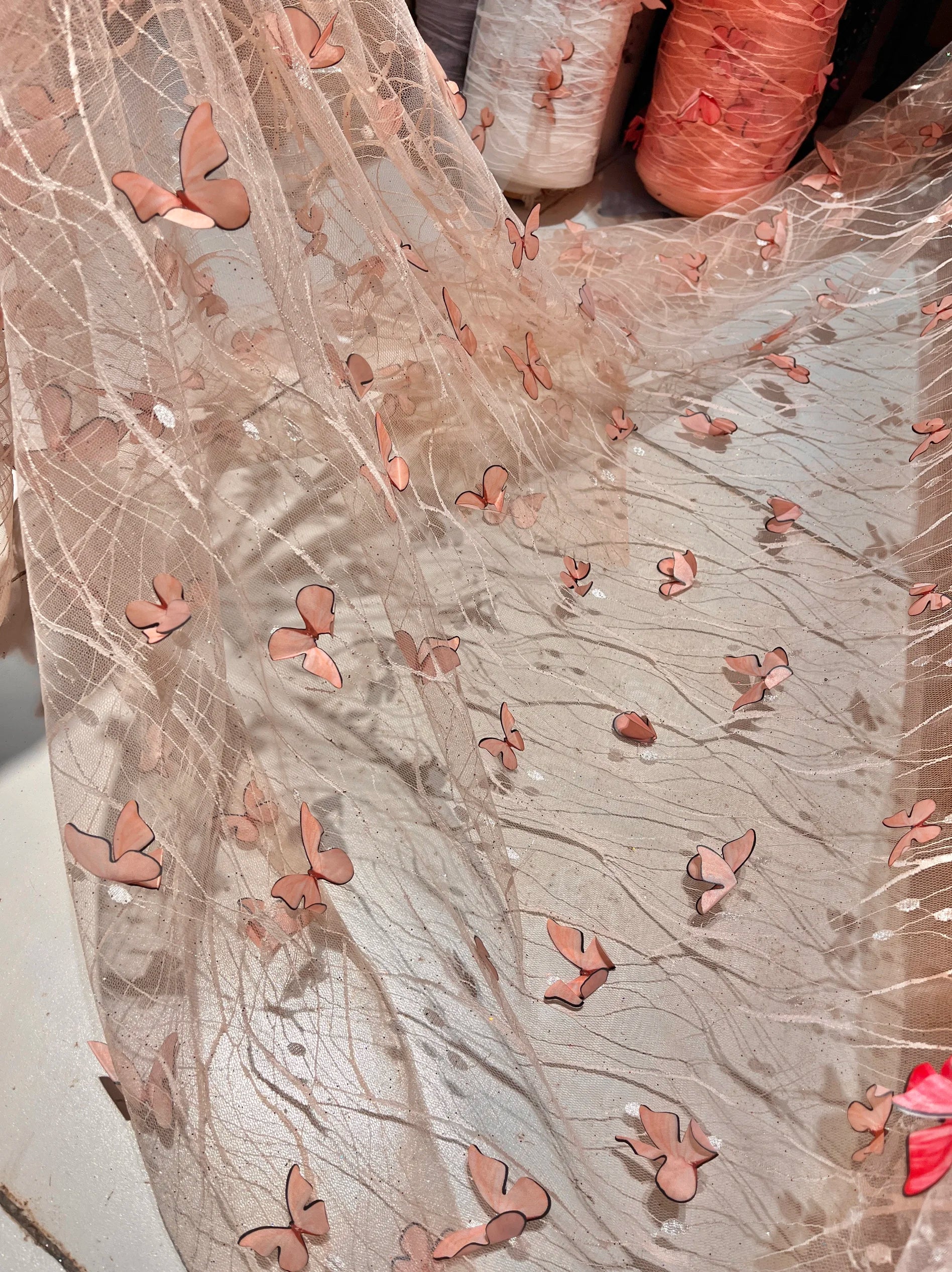 قماش شبكي مطرز ثلاثي الأبعاد بنقوش الفراشات لفساتين الزفاف، قماش زخرفي للخلفية للملابس الرسمية