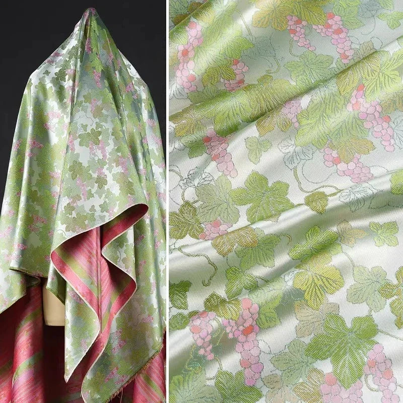 Light Green Glossy Grape Pattern Woven Brocade Jacquard Fabric Sewn Cheongsam Jacket Vest Designer Silk Fabric