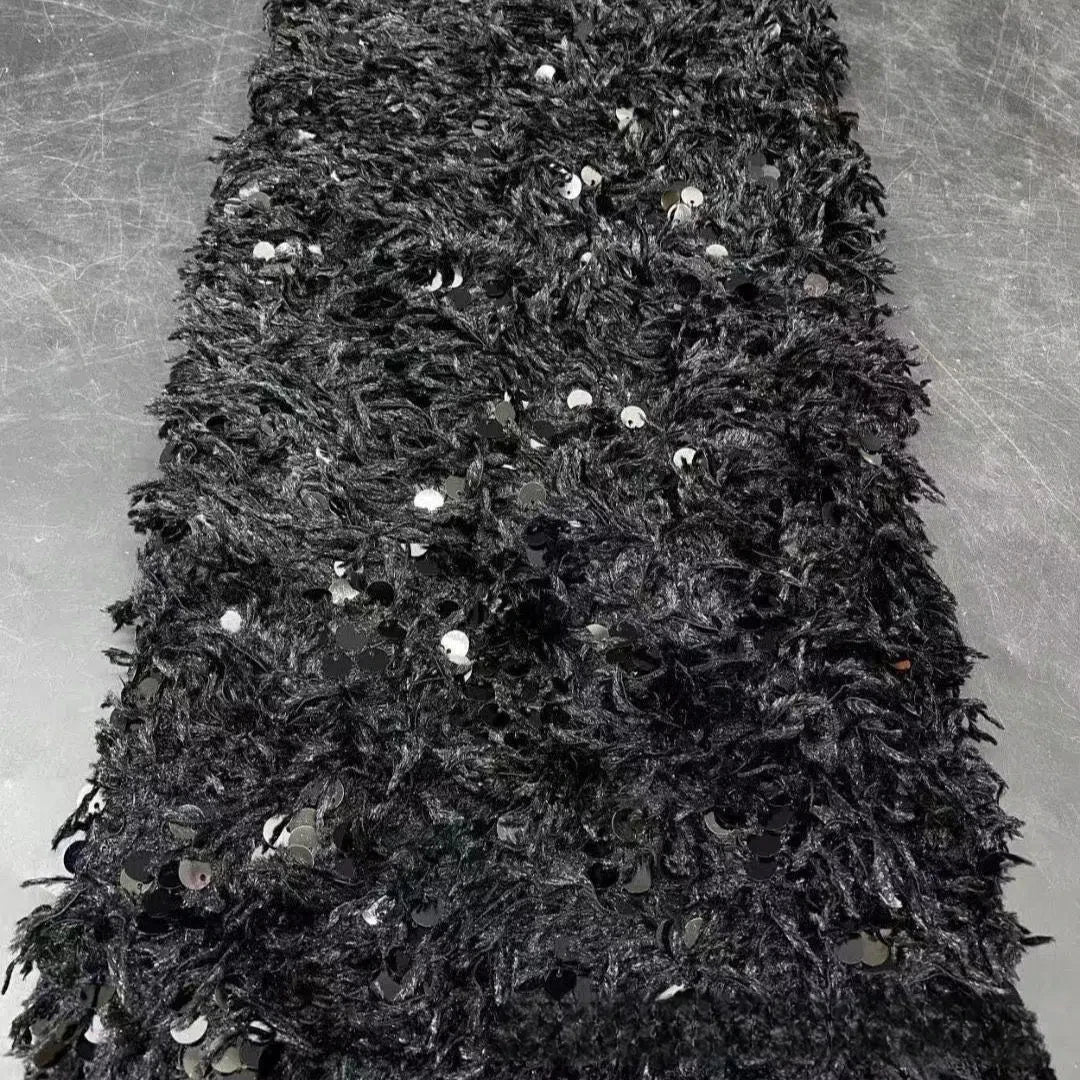 Tela de lentejuelas con base de plumas, tela con flecos de cuentas, tela de bordado de cuentas de felpa tridimensional