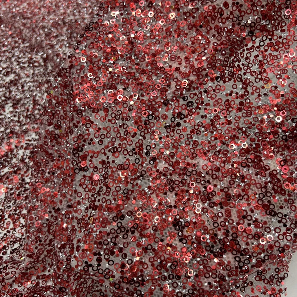 Red Sequin Mesh Fabric - Evening Dress Wedding Gown Party Couture Material