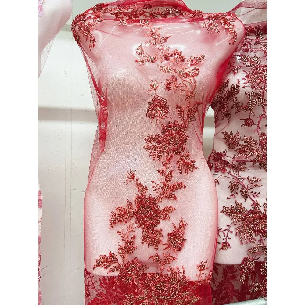 New Sequined Rose Bead Tube Embroidery Fabric, High-end Heavy Industry Multi-color Wedding Dress Bead Mesh Fabric Stoff Tessuto