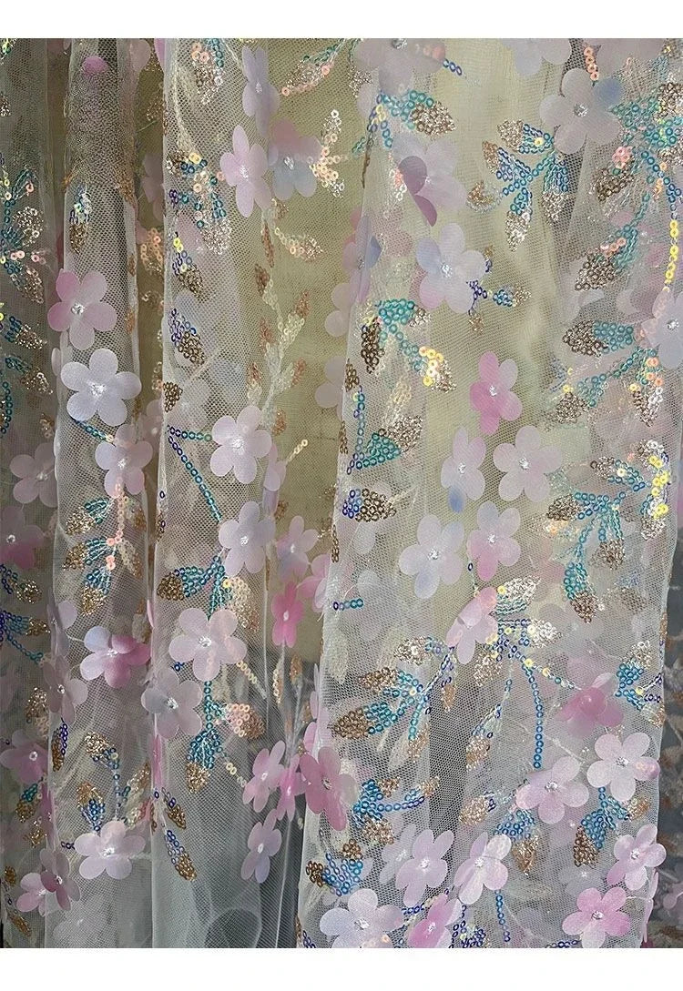 Pink 3D Flower Embroidered Net Fabric With Sequins For Wedding Dress Cheongsam Gown Handmade Clothing Lace Embroidery Material