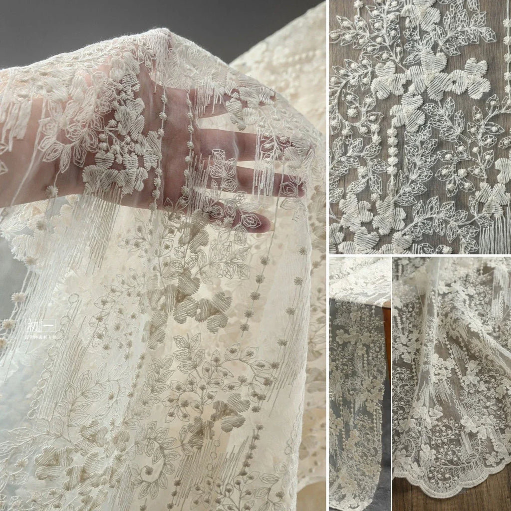 French Apricot Vintage Floral Embroidery Lace - Ombre Tulle Bridal Fabric - fabric photo 2