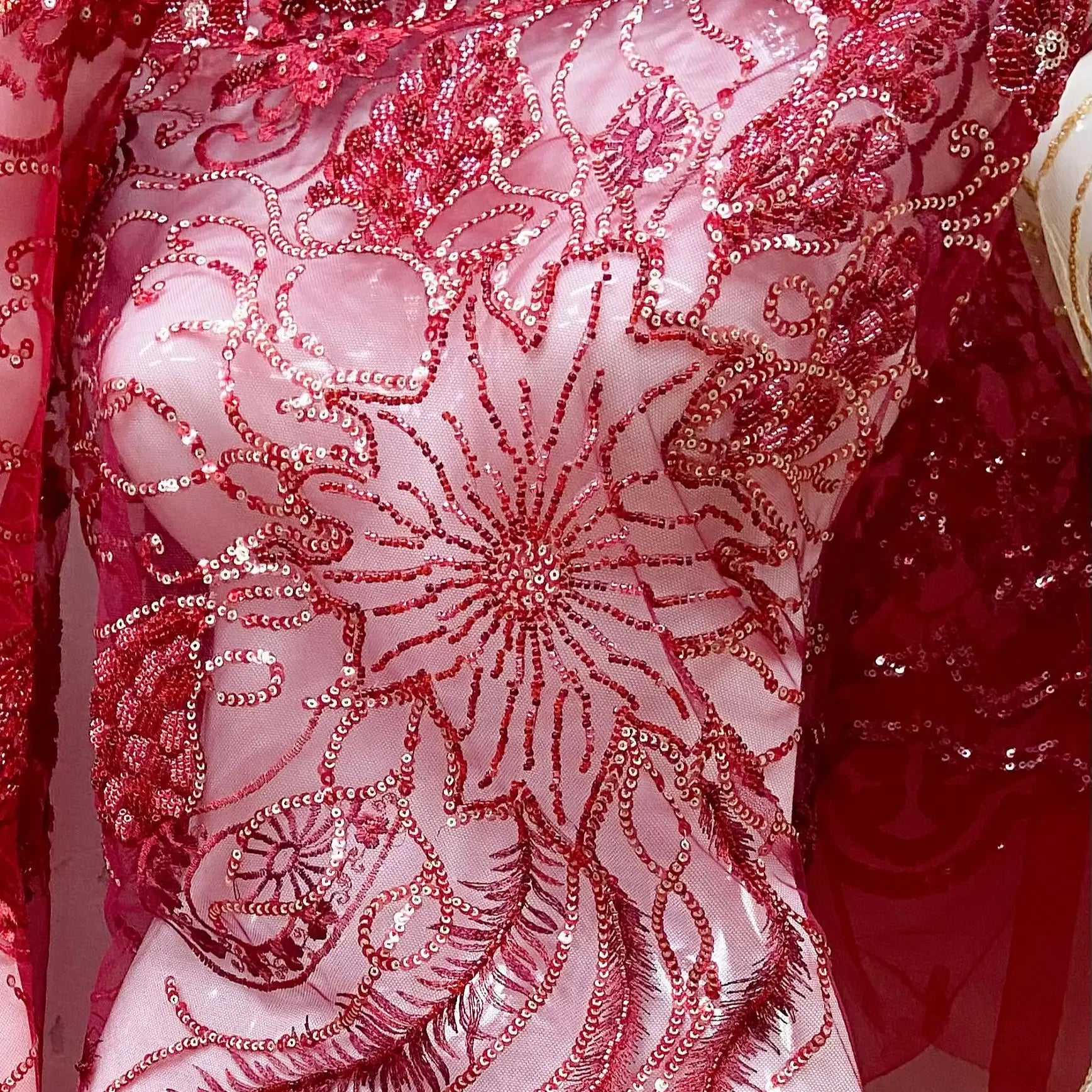 Multi Colored Flowers And Birds Super Dense Super Shiny Beautiful Embroidery Lace Beads Sequins Wedding Dress Banquet Fabric