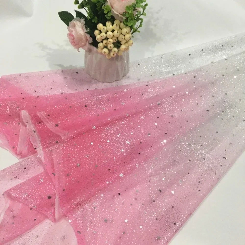 Gradient Star Moon Snowflake Gold Embroidered Netted Chiffon Fabric For Princess Dress Stage Costume Backdrop Window Decoration