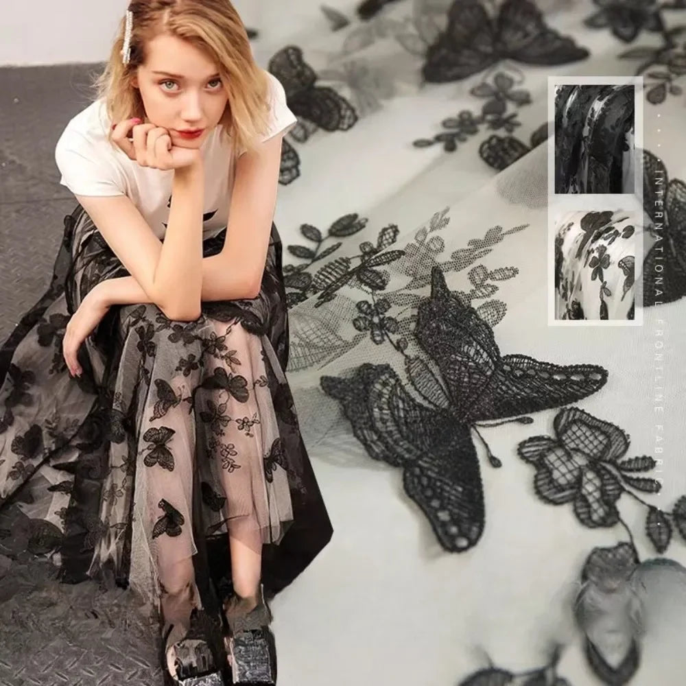 3D Butterfly Embroidered Mesh - Elastic Dress & Skirt Fabric