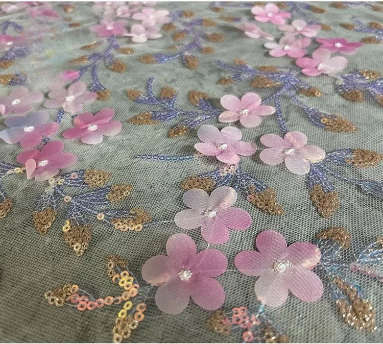 Pink 3D Flower Embroidered Net Fabric With Sequins For Wedding Dress Cheongsam Gown Handmade Clothing Lace Embroidery Material