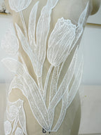 Parche de tela con flores de encaje de alta calidad con cuentas bordadas y purpurina de tulipán Lanfei, ideal para regalo de boda, material para ropa, accesorios de bricolaje