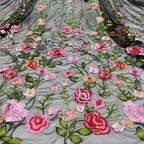Tela bordada de malla rosa, tela bordada de peonía multicolor, tela bordada para coser vestidos de noche, tela bordada DIY, personalización