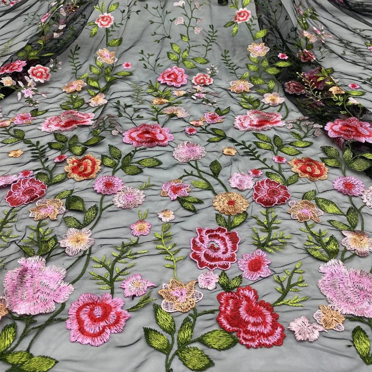 Tela bordada de malla rosa, tela bordada de peonía multicolor, tela bordada para coser vestidos de noche, tela bordada DIY, personalización
