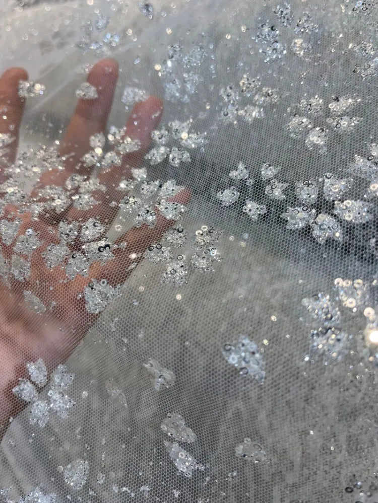 Lentejuelas de cristal de copo de nieve, malla fina transparente brillante, tela para vestidos de bricolaje, tela para vestidos de novia, tela