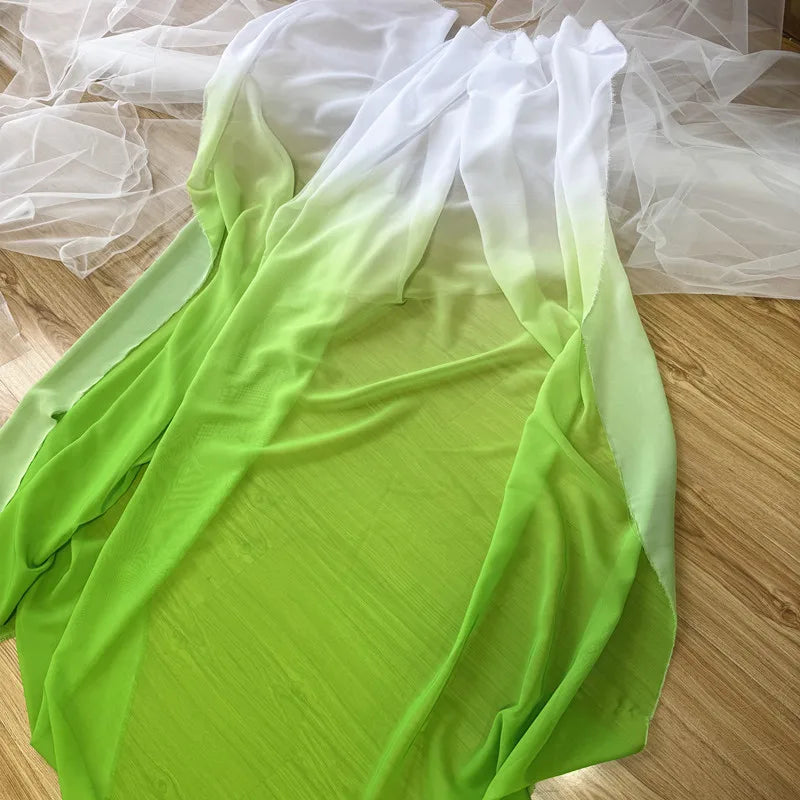 Red Yellow Green Gradient Chiffon Printed Fabric, Pleated Skirt Stage Dress Wedding Dress Decoration Children's Clothing Fabric