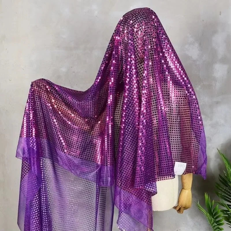 Purple  sequin gold embossed large glitter round bead net fabric for dance costume stage wear doll dress DIY decorative fabric