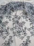 White Lily Embroidered Chiffon Lace Fabric - Elegant Material 130cm