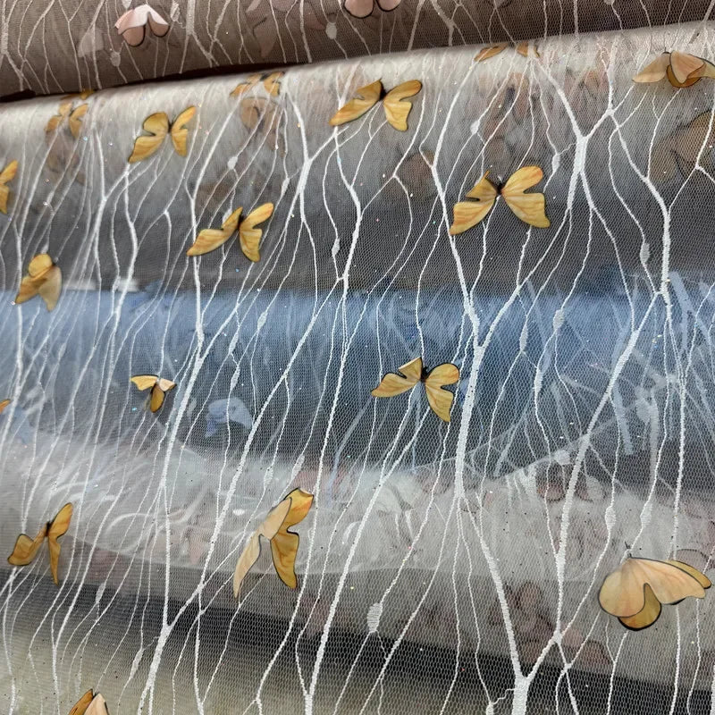Tela de malla bordada con encaje de mariposa 3D, tela transparente colorida para vestido de novia, velo, decoración de escenario