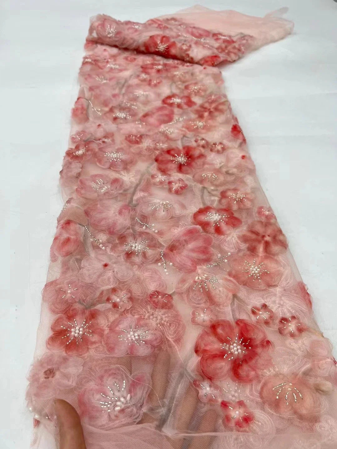 3D Ribbon Embroidered Beaded Flower Mesh - Evening Gown Tulle Fabric