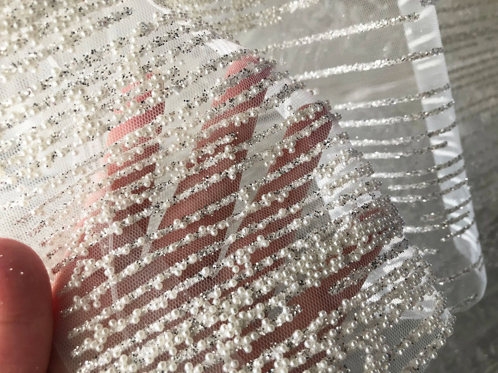 قماش شبكي ذهبي وفضي لامع من اللؤلؤ الأبيض عالي الجودة، فستان زفاف، فستان سهرة، دانتيل، قماش شبكي ناعم
