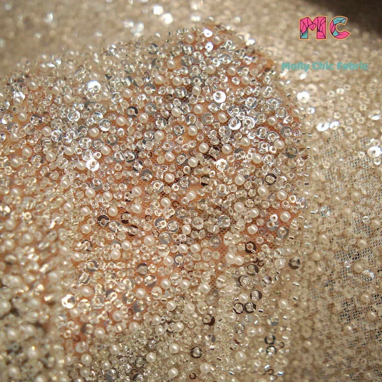 High-End Bead Embroidery Sequins Crystal Mesh Fabric - Luxury Material 130cm
