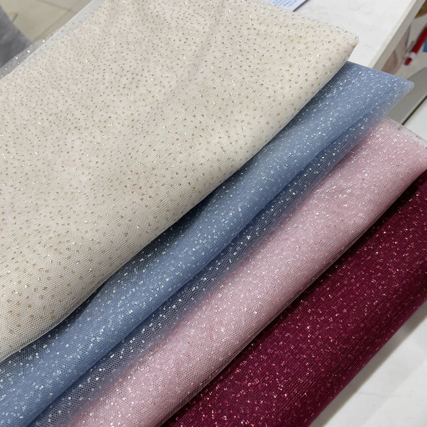 High-quality Blue Black Purple Champagne Colored Headdress, Hot Stamping Gold Spray Shiny Film Wedding Dress Soft Tulle Fabric