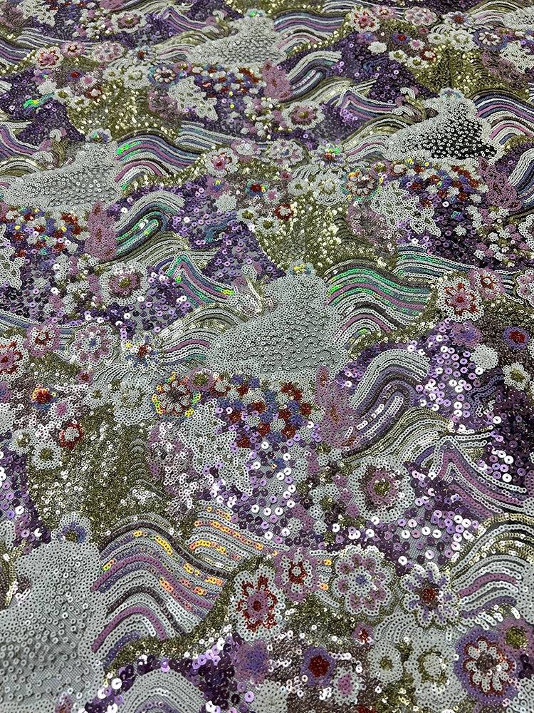 mesh fabric, retro color bead, landscape painting, flower pattern, sequin embroidery fabric, formal dress, qipao dress