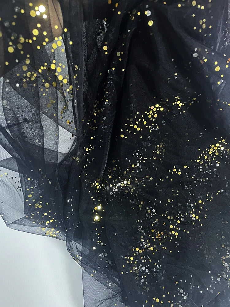 قماش شبكي أسود ذهبي بطول 5 ياردات مع خيوط ترتر لتصميم زي مسرحي وخلفية حفلات أعياد الميلاد بعرض 1.6 متر