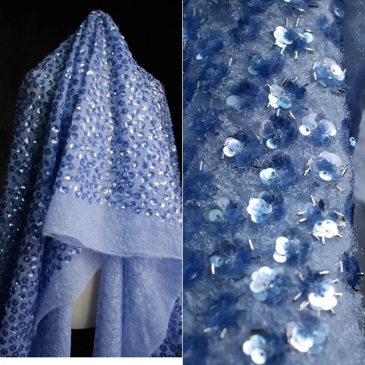 Blue High-end Plush Flash Nail Bead Embroidery Sequin Embroidery Fabric Sewing Stage Clothing Children's Clothing Design Fabric