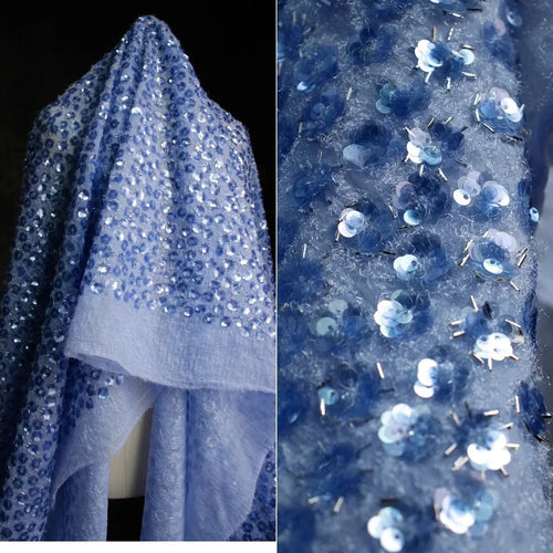 Blue Plush Glitter Bead Sequin Embroidery Fabric - Stage Costume Material - fabric photo 2