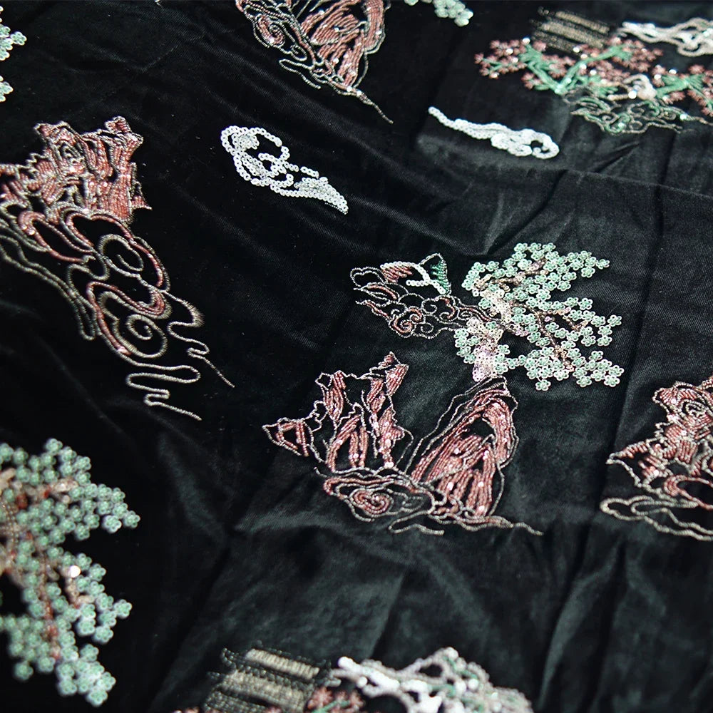 قماش شبكي مطرز بالترتر الأسود من أزهار الكرمة لفساتين شيونغسام الرسمية، مصنوع من مادة الدانتيل الملونة الأنيقة