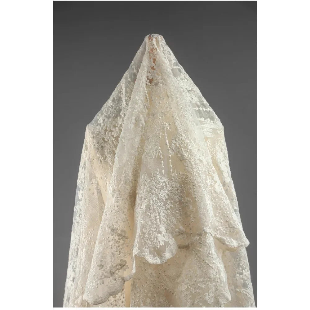Beige Morning Glory Lace Embroidered Tulle Fabric Gradient Sheer For Wedding Dresses Bride Dress French Couture Textile