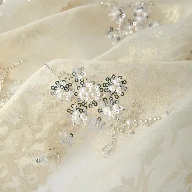 Parte inferior de encaje dorado albaricoque + parte inferior de organza Tela de bordado de cuentas de doble capa Costura Vestido de noche Vestido de novia Tela suave