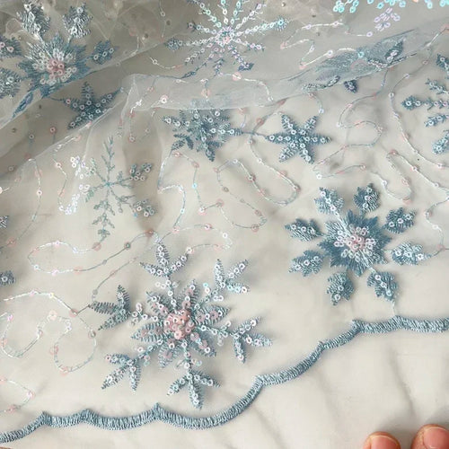 Blue Mesh Embroidered Snowflake Sequin - Children's Evening Dress Fabric - fabric photo 2